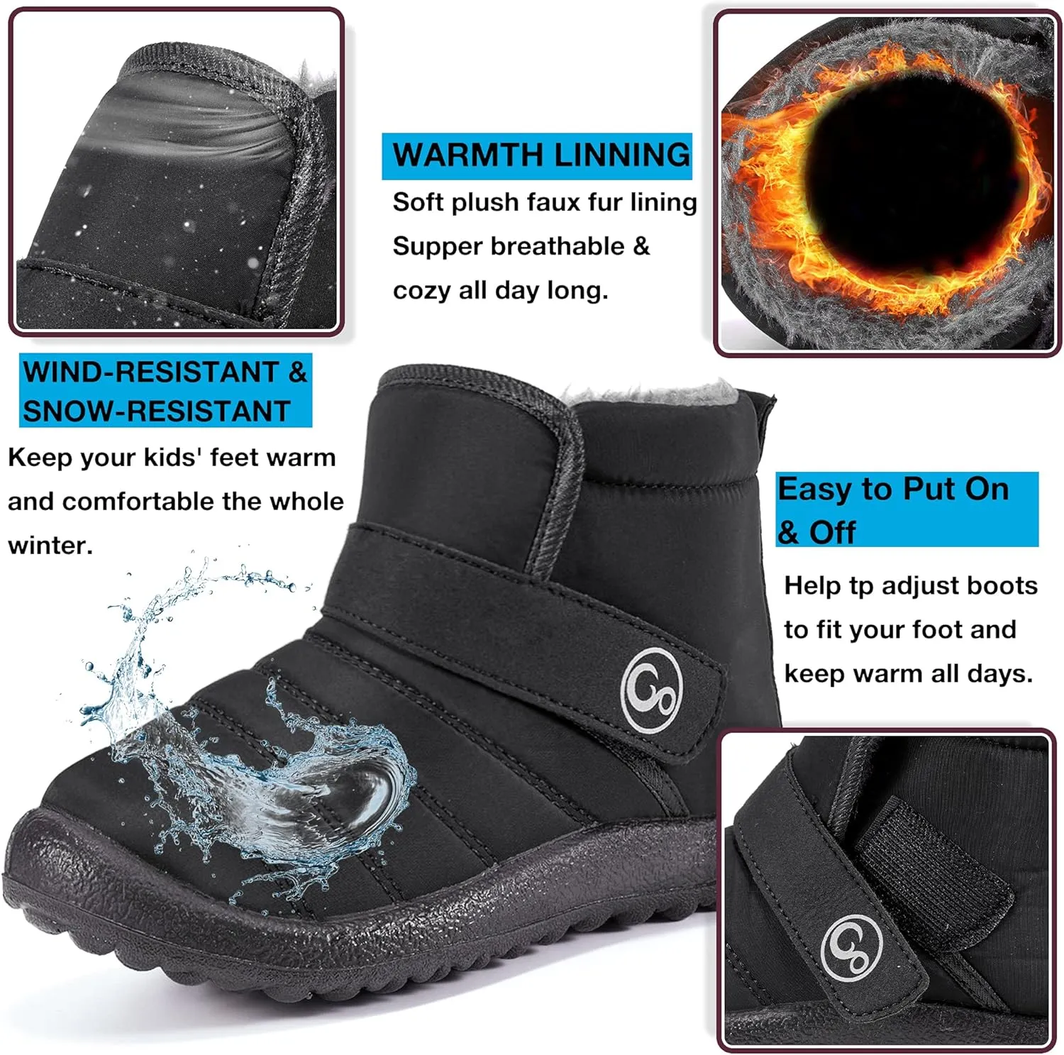 Aomigoct Boys Girls Winter Snow Boots: Waterproof Toddler Little Kid Boot with Fur Lined Easy Handles Unisex Child Warm Booties Comfortable Non Slip Walking