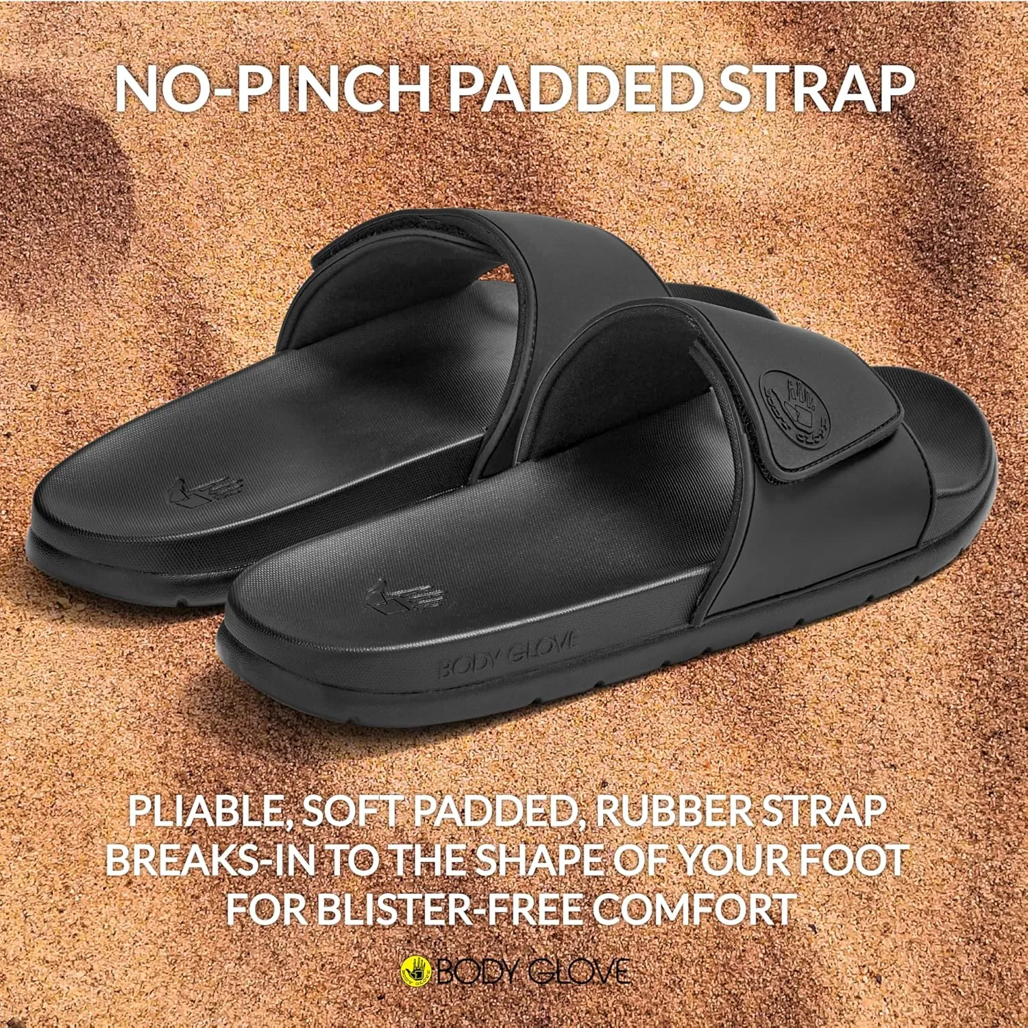 Body Glove Mens Slides, Cushioned Slide-on Sandal Slippers with Padded Adjustable Strap