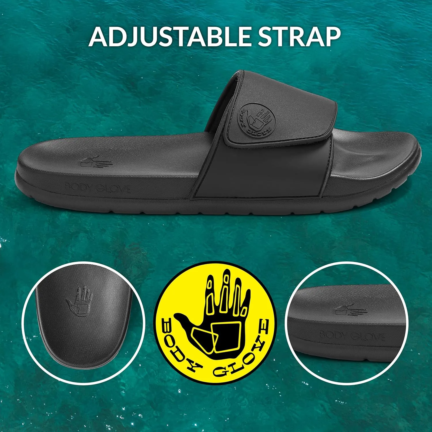 Body Glove Mens Slides, Cushioned Slide-on Sandal Slippers with Padded Adjustable Strap