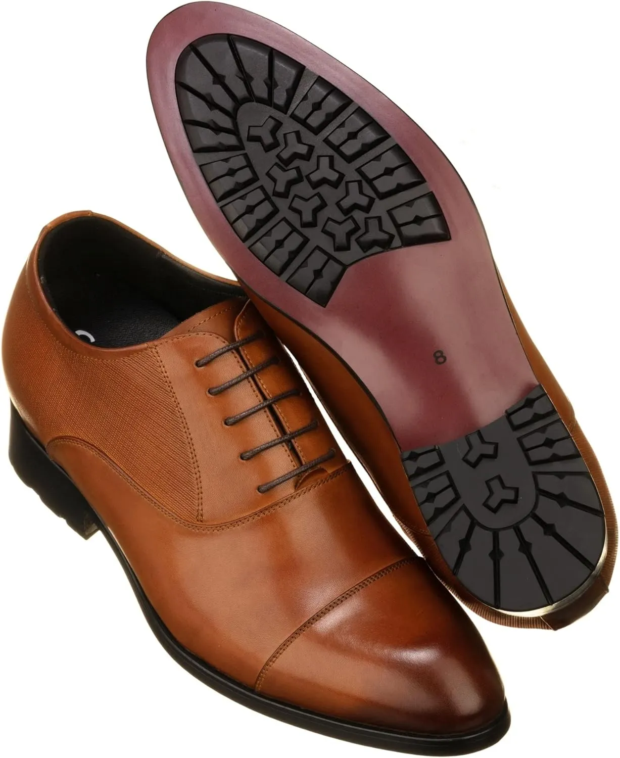 CALTO Men's Invisible Height Increasing Elevator Shoes - Brown Premium Leather Lace-up Formal Derby Oxfords - 3 Inches Taller - Y6711 - Size 8 D(M) US