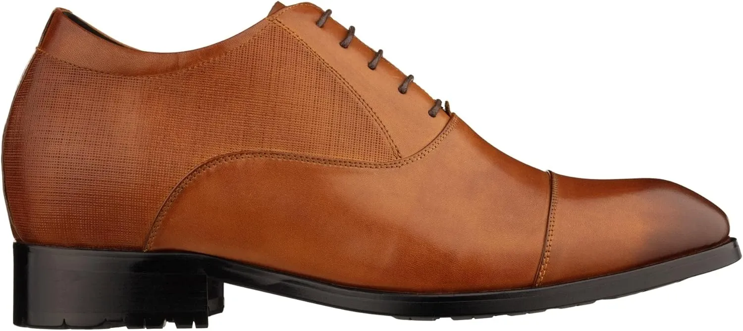 CALTO Men's Invisible Height Increasing Elevator Shoes - Brown Premium Leather Lace-up Formal Derby Oxfords - 3 Inches Taller - Y6711 - Size 8 D(M) US