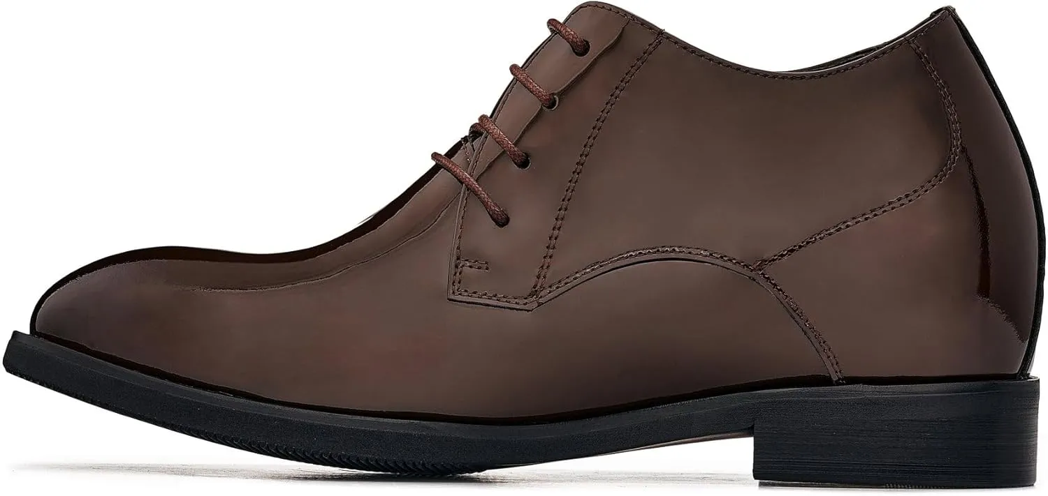 CALTO Men's Invisible Height Increasing Elevator Shoes - Coffee Brown Patent Leather Lace-up Formal Dress Oxfords - 3.4 Inches Taller - K8011 - Size 11.5 D(M) US