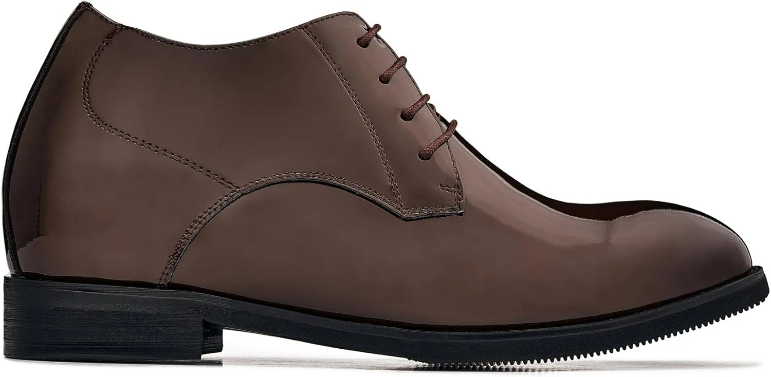 CALTO Men's Invisible Height Increasing Elevator Shoes - Coffee Brown Patent Leather Lace-up Formal Dress Oxfords - 3.4 Inches Taller - K8011 - Size 11.5 D(M) US