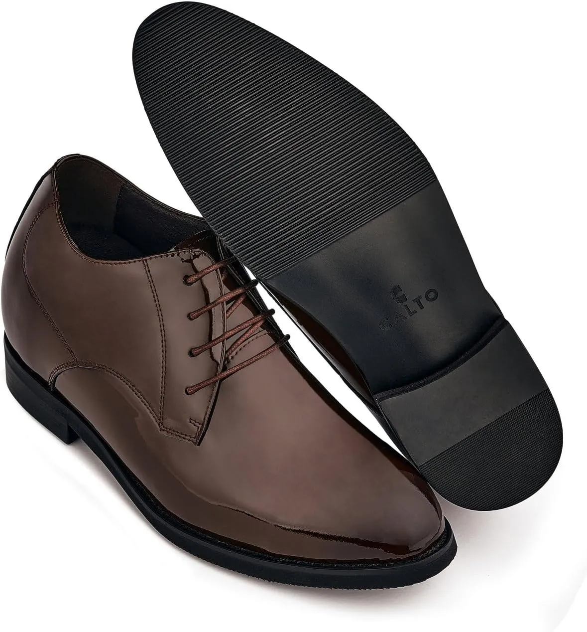 CALTO Men's Invisible Height Increasing Elevator Shoes - Coffee Brown Patent Leather Lace-up Formal Dress Oxfords - 3.4 Inches Taller - K8011 - Size 11.5 D(M) US