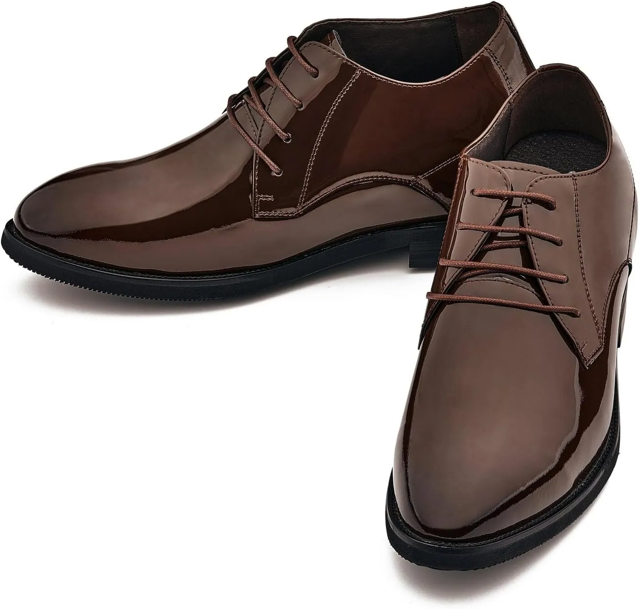 CALTO Men's Invisible Height Increasing Elevator Shoes - Coffee Brown Patent Leather Lace-up Formal Dress Oxfords - 3.4 Inches Taller - K8011 - Size 11.5 D(M) US