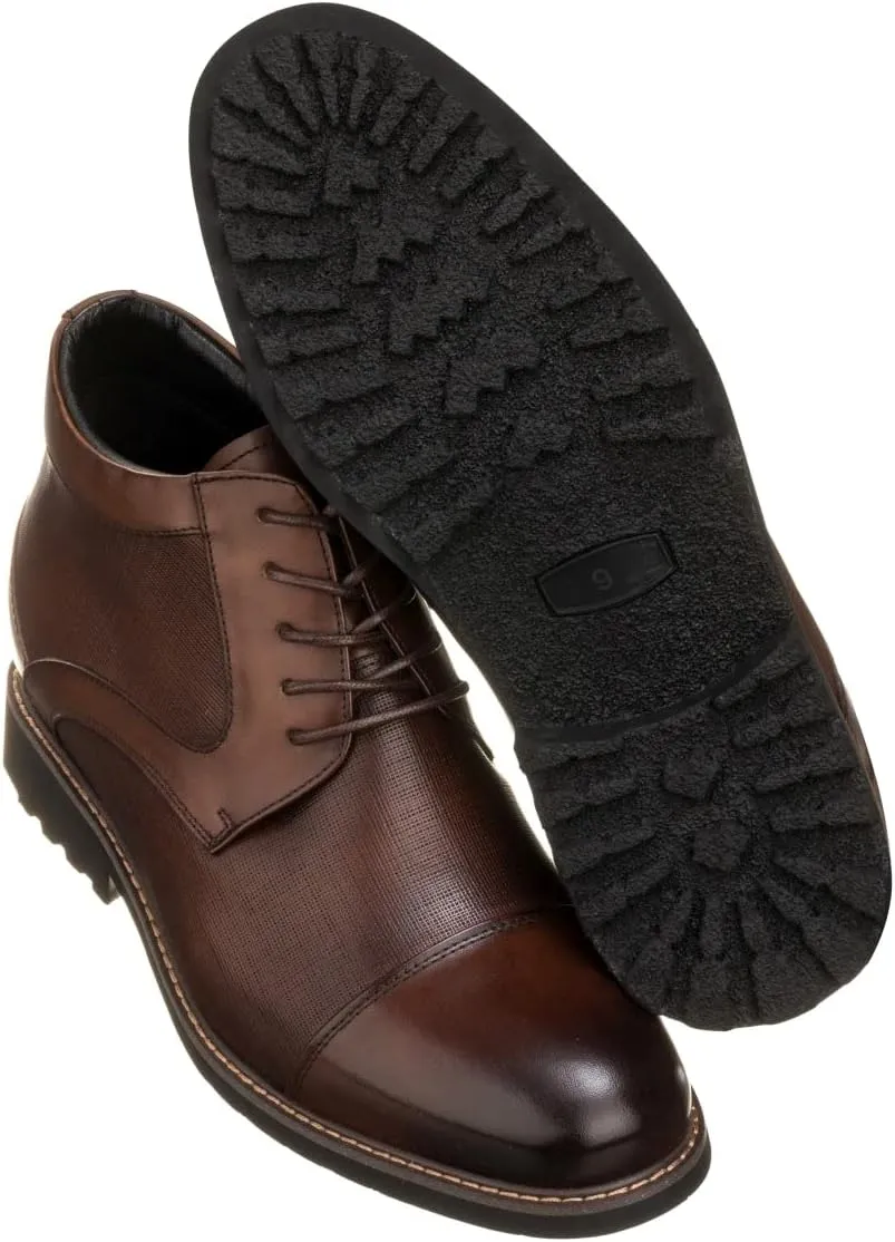 CALTO Men's Invisible Height Increasing Elevator Shoes - Dark Brown Leather Lace-up Cap-toe Boots with Inner Faux Fur - 3.2 Inches Taller - Y41089 - Size 11 D(M) US
