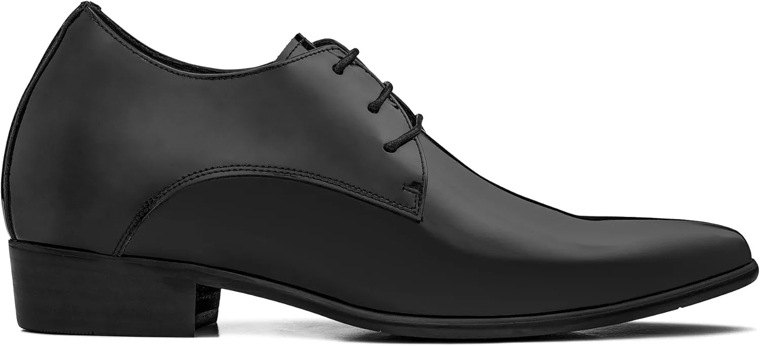 CALTO Men's Invisible Height Increasing Elevator Shoes - Jet Black Patent Leather Lace-up Formal Dress Oxfords - 2.8 Inches Taller - K2726 - Size 7.5 D(M) US