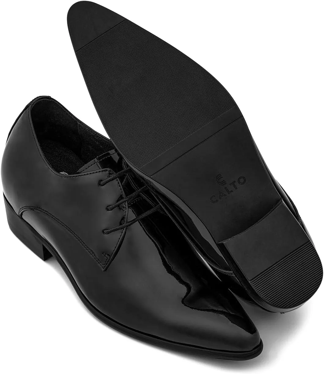 CALTO Men's Invisible Height Increasing Elevator Shoes - Jet Black Patent Leather Lace-up Formal Dress Oxfords - 2.8 Inches Taller - K2726 - Size 7.5 D(M) US