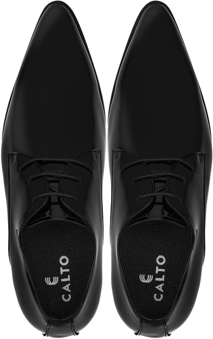 CALTO Men's Invisible Height Increasing Elevator Shoes - Jet Black Patent Leather Lace-up Formal Dress Oxfords - 2.8 Inches Taller - K2726 - Size 7.5 D(M) US