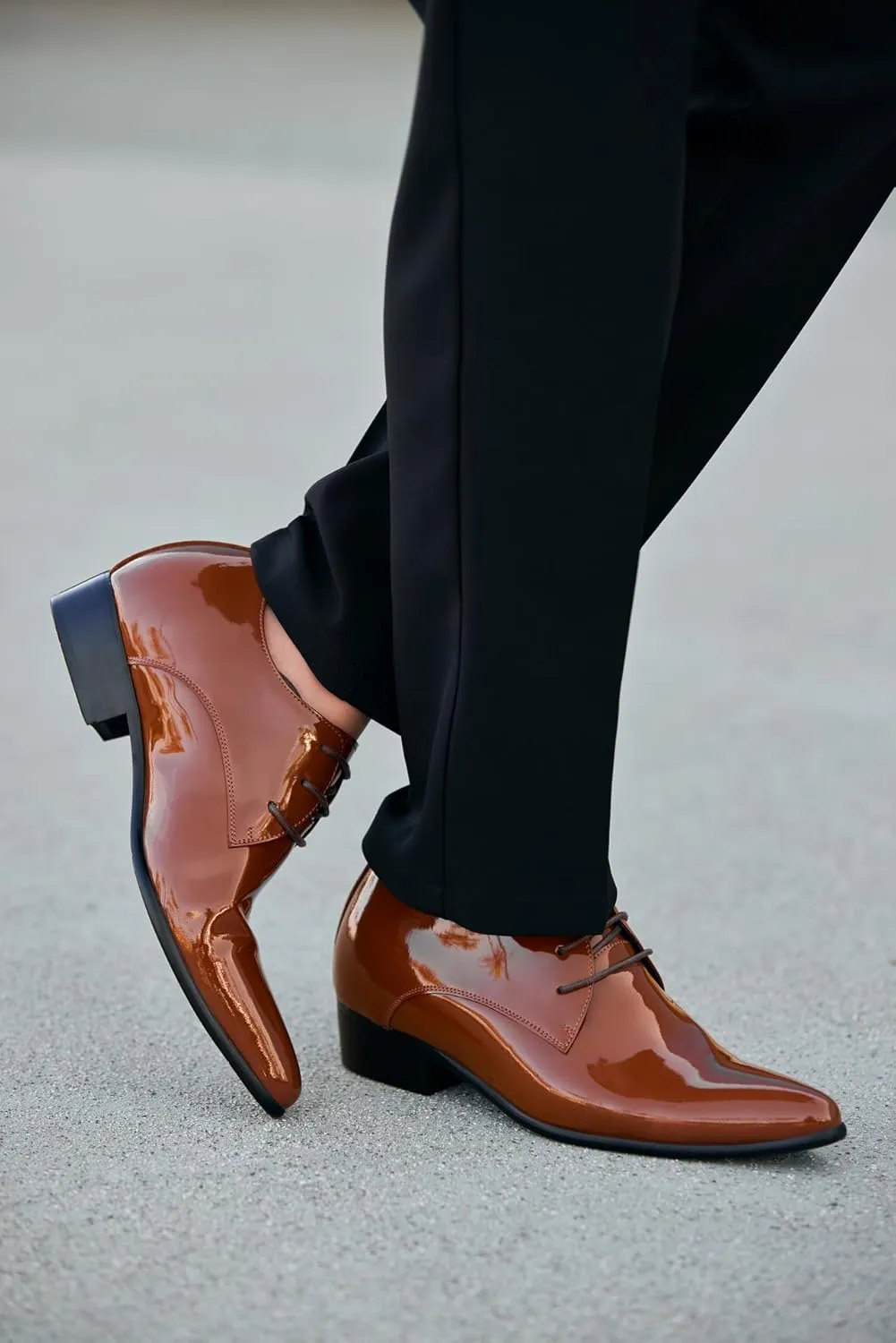 CALTO Men's Invisible Height Increasing Elevator Shoes - Light Brown Patent Leather Lace-up Formal Dress Oxfords - 2.8 Inches Taller - K2728 - Size 12 D(M) US
