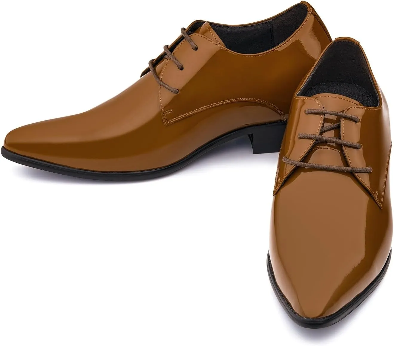 CALTO Men's Invisible Height Increasing Elevator Shoes - Light Brown Patent Leather Lace-up Formal Dress Oxfords - 2.8 Inches Taller - K2728 - Size 12 D(M) US