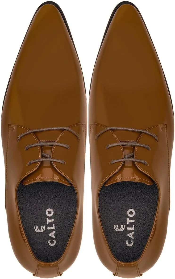 CALTO Men's Invisible Height Increasing Elevator Shoes - Light Brown Patent Leather Lace-up Formal Dress Oxfords - 2.8 Inches Taller - K2728 - Size 12 D(M) US