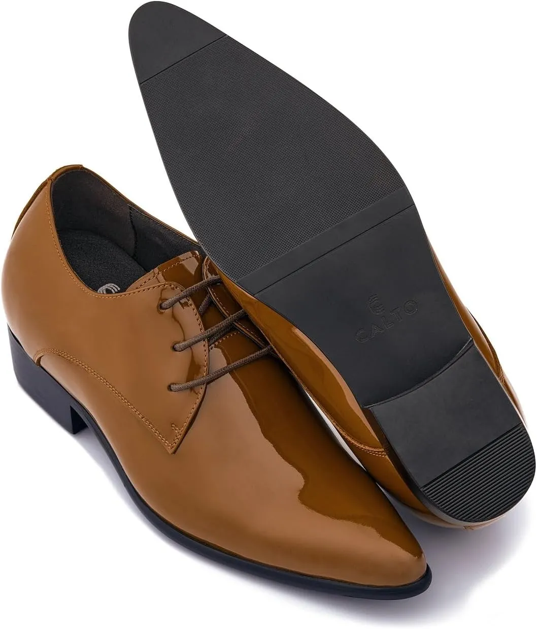 CALTO Men's Invisible Height Increasing Elevator Shoes - Light Brown Patent Leather Lace-up Formal Dress Oxfords - 2.8 Inches Taller - K2728 - Size 12 D(M) US
