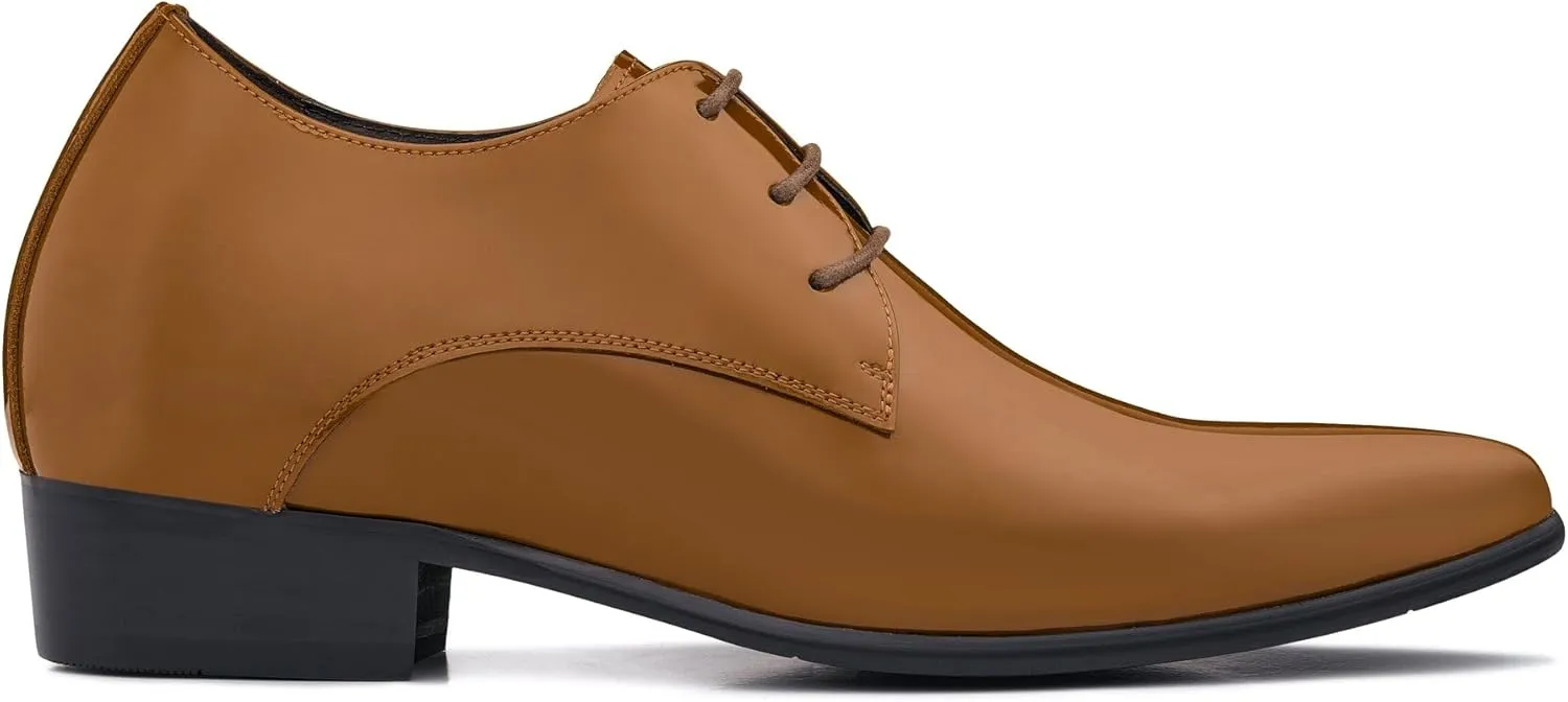 CALTO Men's Invisible Height Increasing Elevator Shoes - Light Brown Patent Leather Lace-up Formal Dress Oxfords - 2.8 Inches Taller - K2728 - Size 12 D(M) US
