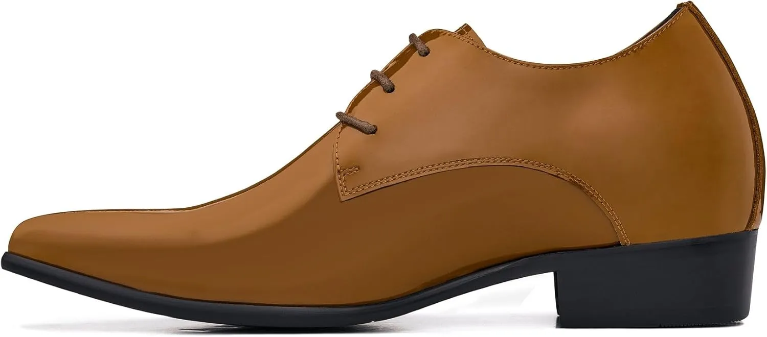 CALTO Men's Invisible Height Increasing Elevator Shoes - Light Brown Patent Leather Lace-up Formal Dress Oxfords - 2.8 Inches Taller - K2728 - Size 12 D(M) US