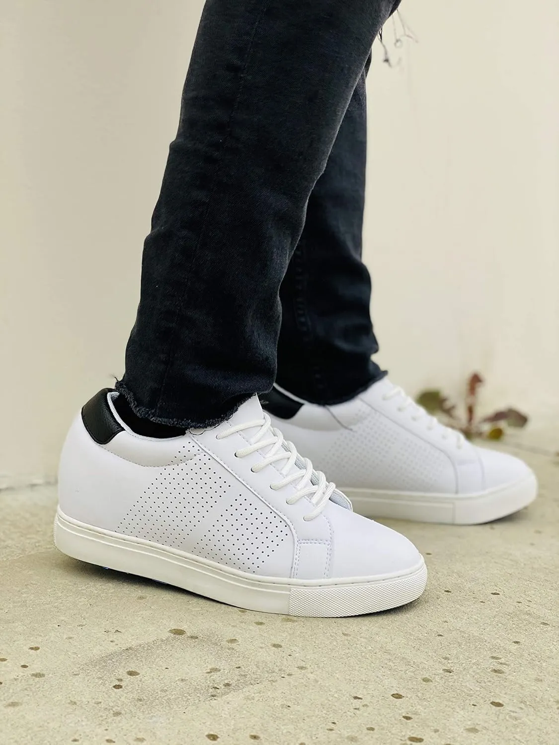 CALTO Men's Invisible Height Increasing Elevator Shoes - White Leather Lightweight Lace-up Casual Fashion Sneakers - 2.6 Inches Taller - H0833 - Size 11 D(M) US