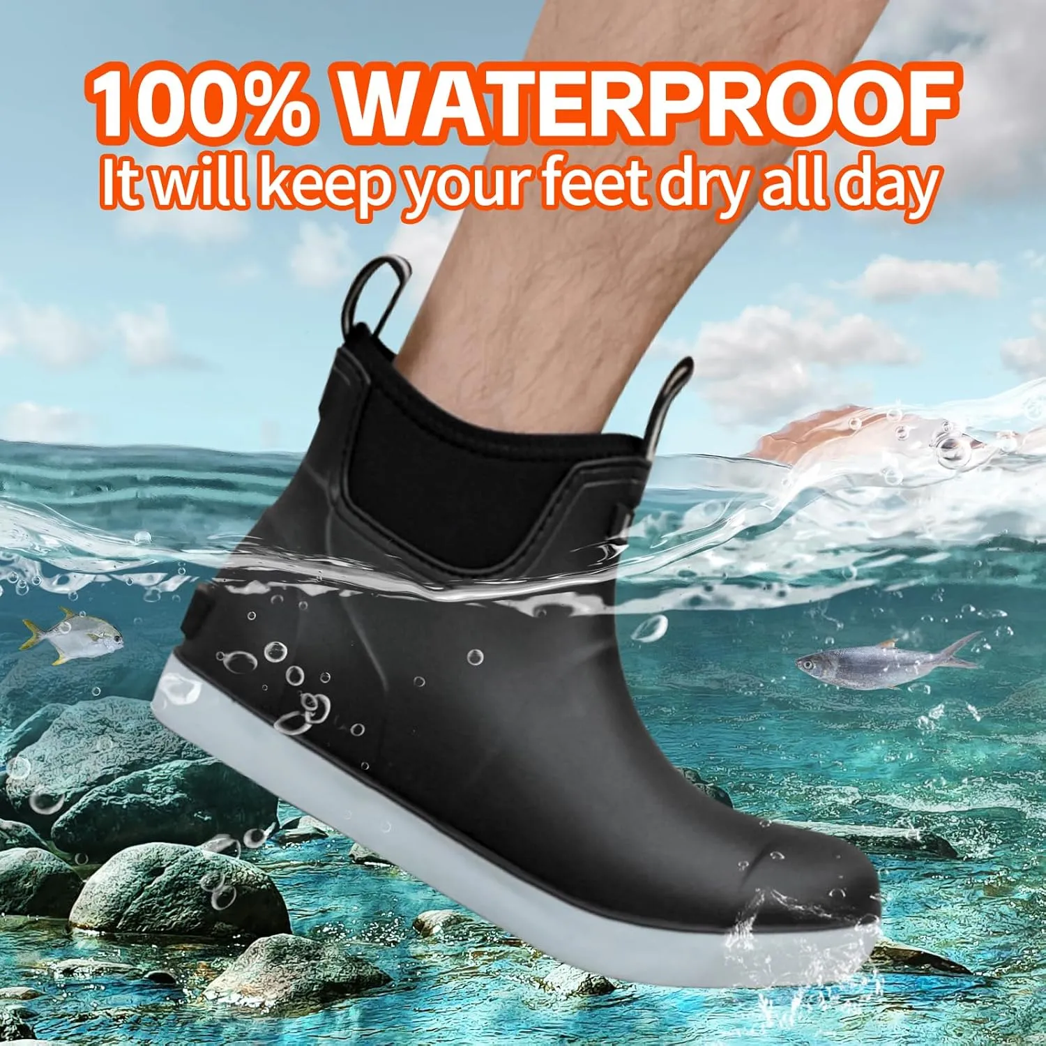 Hsttgsr Men's Deck Boots, Rubber Rain Boots Waterproof Fishing Boots, Ankle Anti-Slip High Traction Boots for Professional Premium Neoprene, Garden Boots Shoes Footwear Booties for Men Outdoor Work