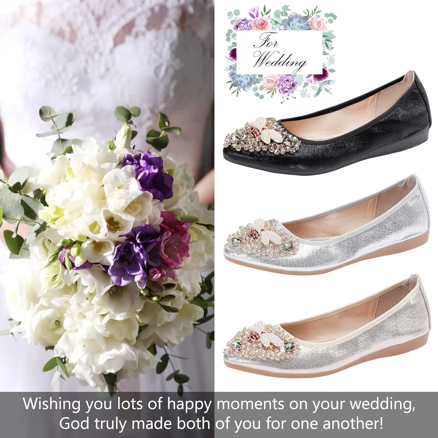 KUNWFNIX Women Ballet Flats Rhinestone Wedding Ballerina Shoes Foldable Sparkly Comfort Slip on Flat Shoes