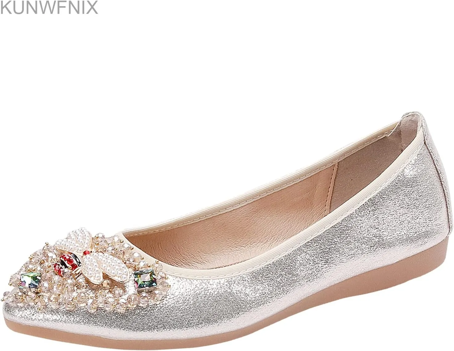 KUNWFNIX Women Ballet Flats Rhinestone Wedding Ballerina Shoes Foldable Sparkly Comfort Slip on Flat Shoes
