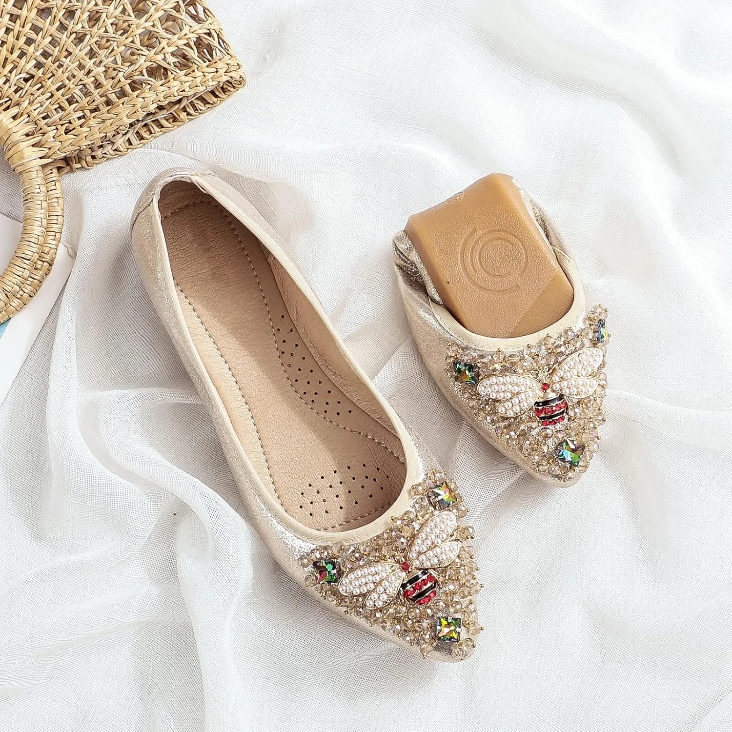 KUNWFNIX Women Ballet Flats Rhinestone Wedding Ballerina Shoes Foldable Sparkly Comfort Slip on Flat Shoes