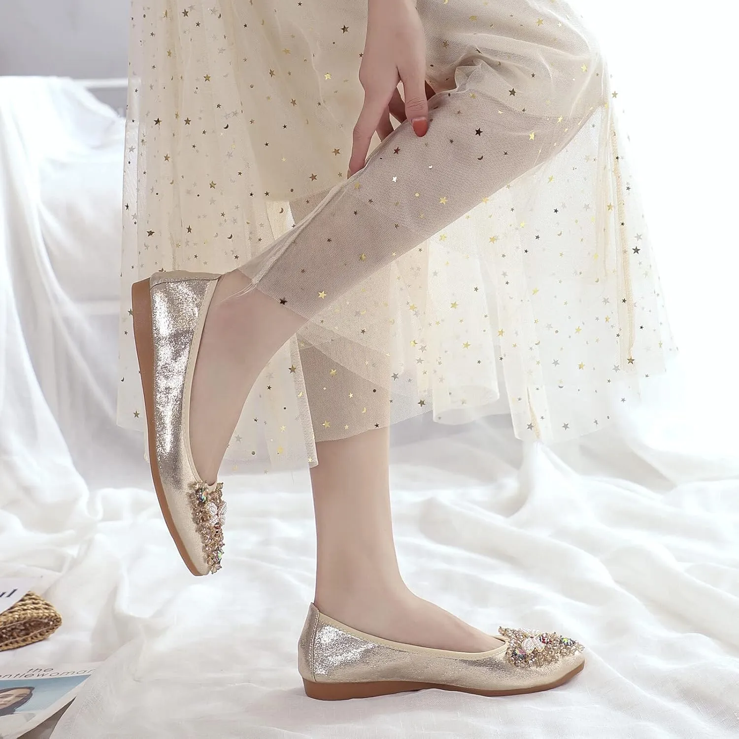 KUNWFNIX Women Ballet Flats Rhinestone Wedding Ballerina Shoes Foldable Sparkly Comfort Slip on Flat Shoes