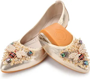 KUNWFNIX Women Ballet Flats Rhinestone Wedding Ballerina Shoes Foldable Sparkly Comfort Slip on Flat Shoes