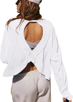 LASLULU Womens Open Back Long Sleeve Workout Tops Athletic Shirts Boat Neck Casual Running Tee Y2k Yoga Gym Tops
