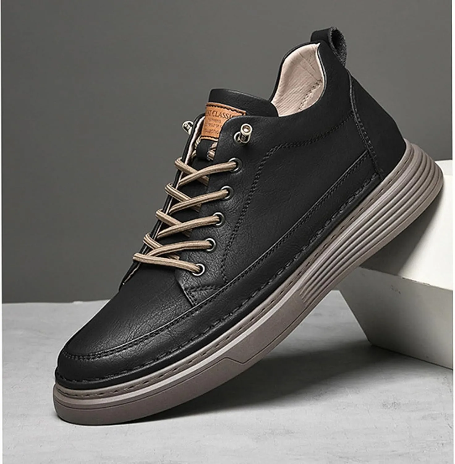 Men's Invisible Height Increasing Oxford Shoes, Elevator Sneakers, Breathable, Anti-Slip, 2" Taller, Beige, US 4.5 - 12