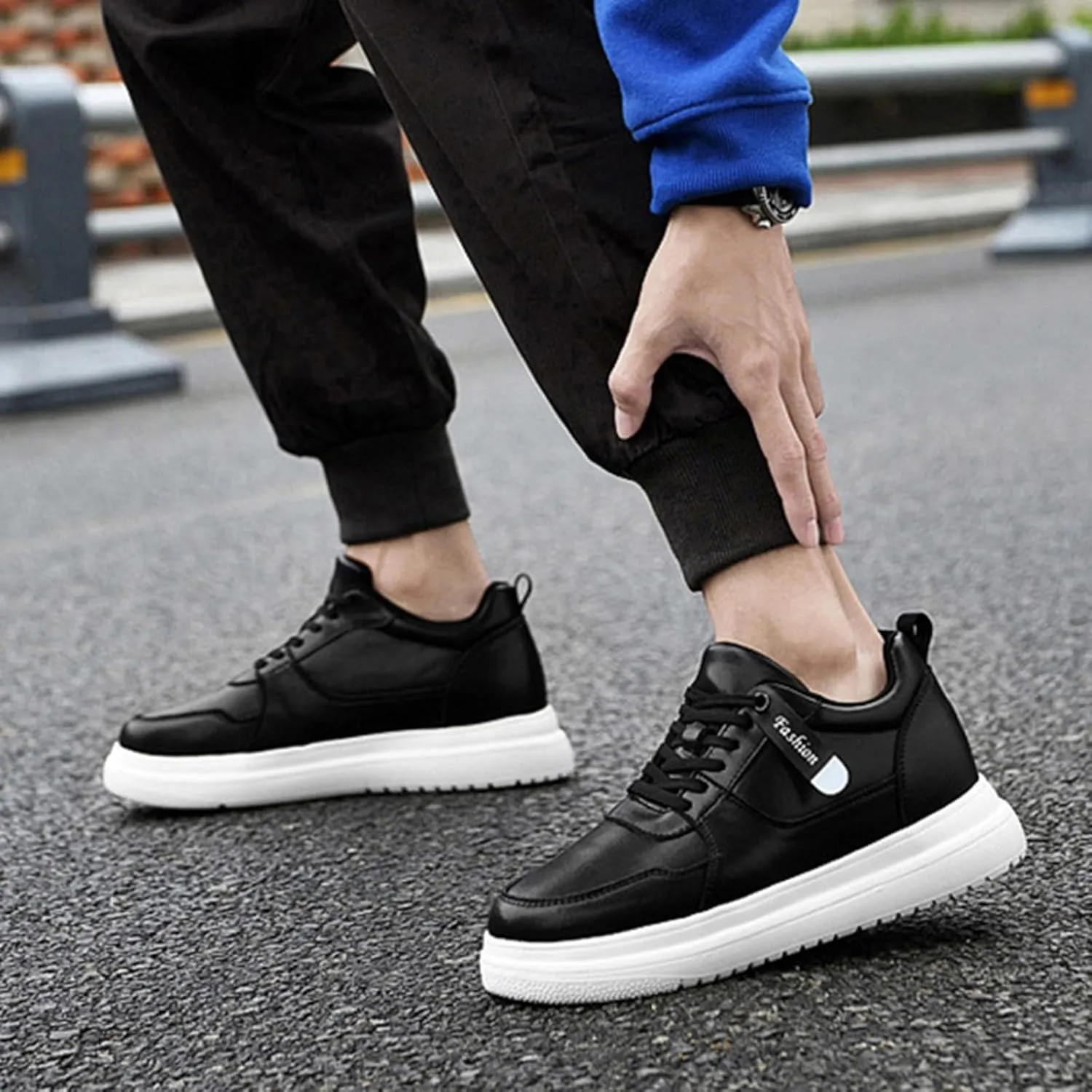 Men's Leather Lace-up Invisible Height Increase Sneakers,Comfortable Lightweight Fashion Outdoor Non-Slip Shock-Absorbing Running Sports Shoes 3.93'' Taller