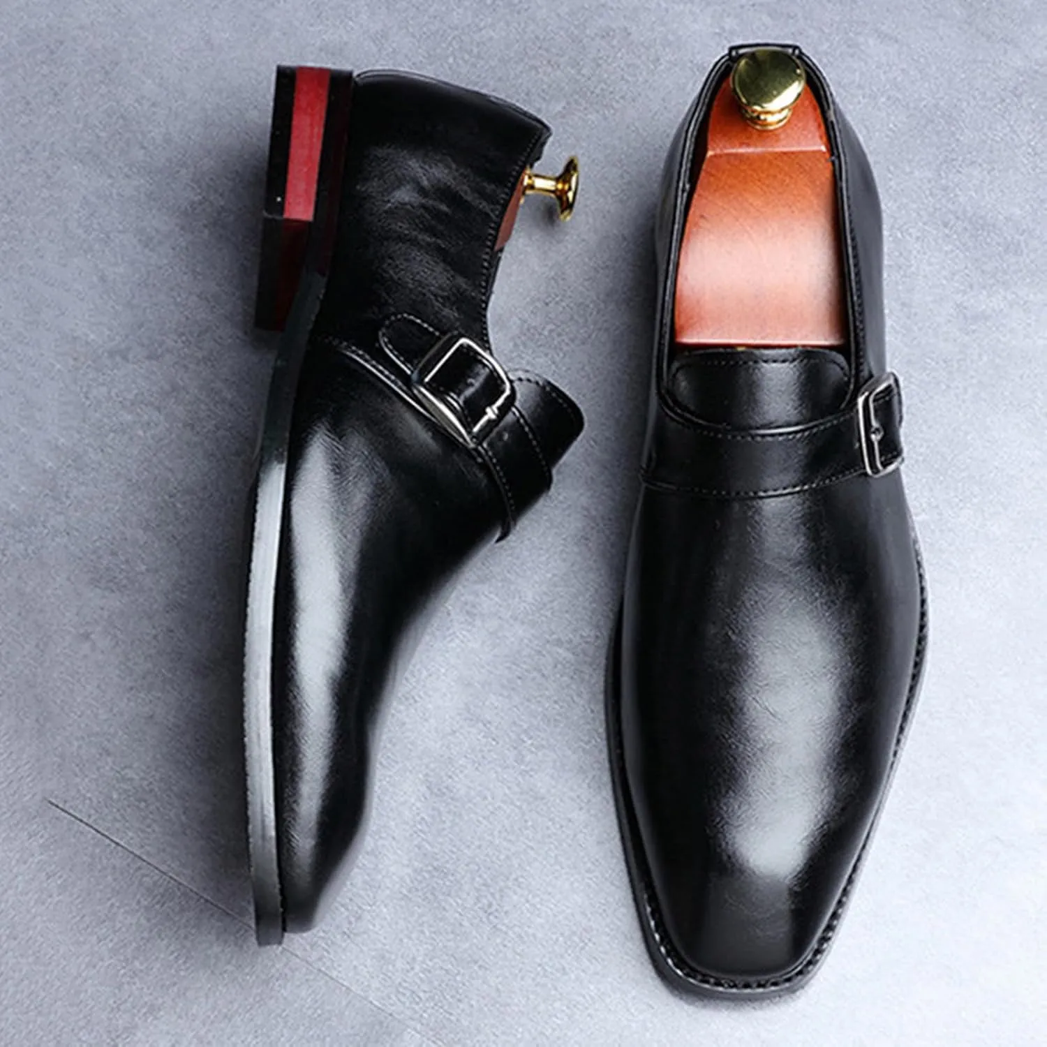 Men's Leather Monk Strap Loafers Fashion Classic Pointed Toe Slip On Low Top Chelsea Formal Business Dress Oxford Shoes