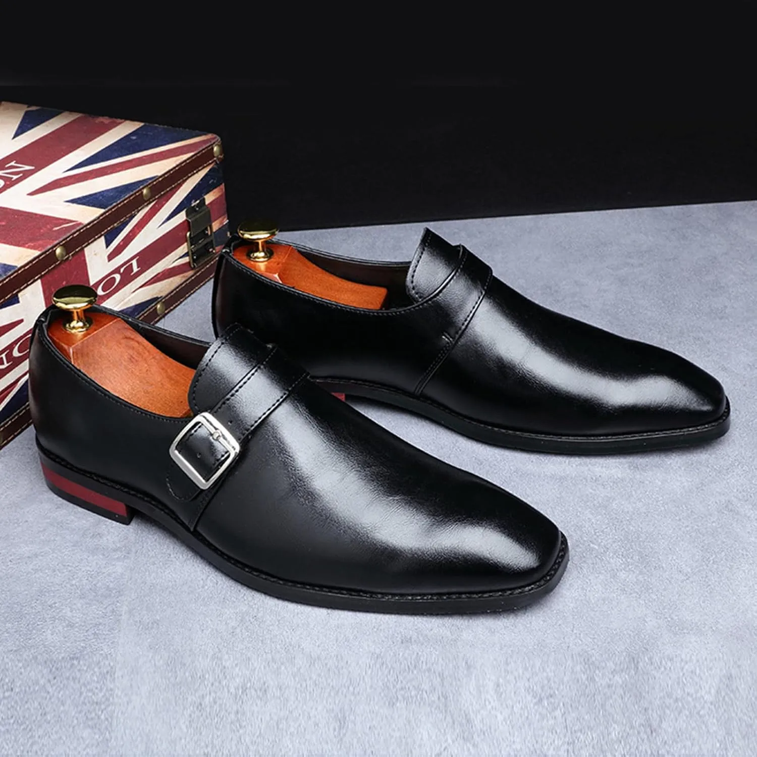 Men's Leather Monk Strap Loafers Fashion Classic Pointed Toe Slip On Low Top Chelsea Formal Business Dress Oxford Shoes
