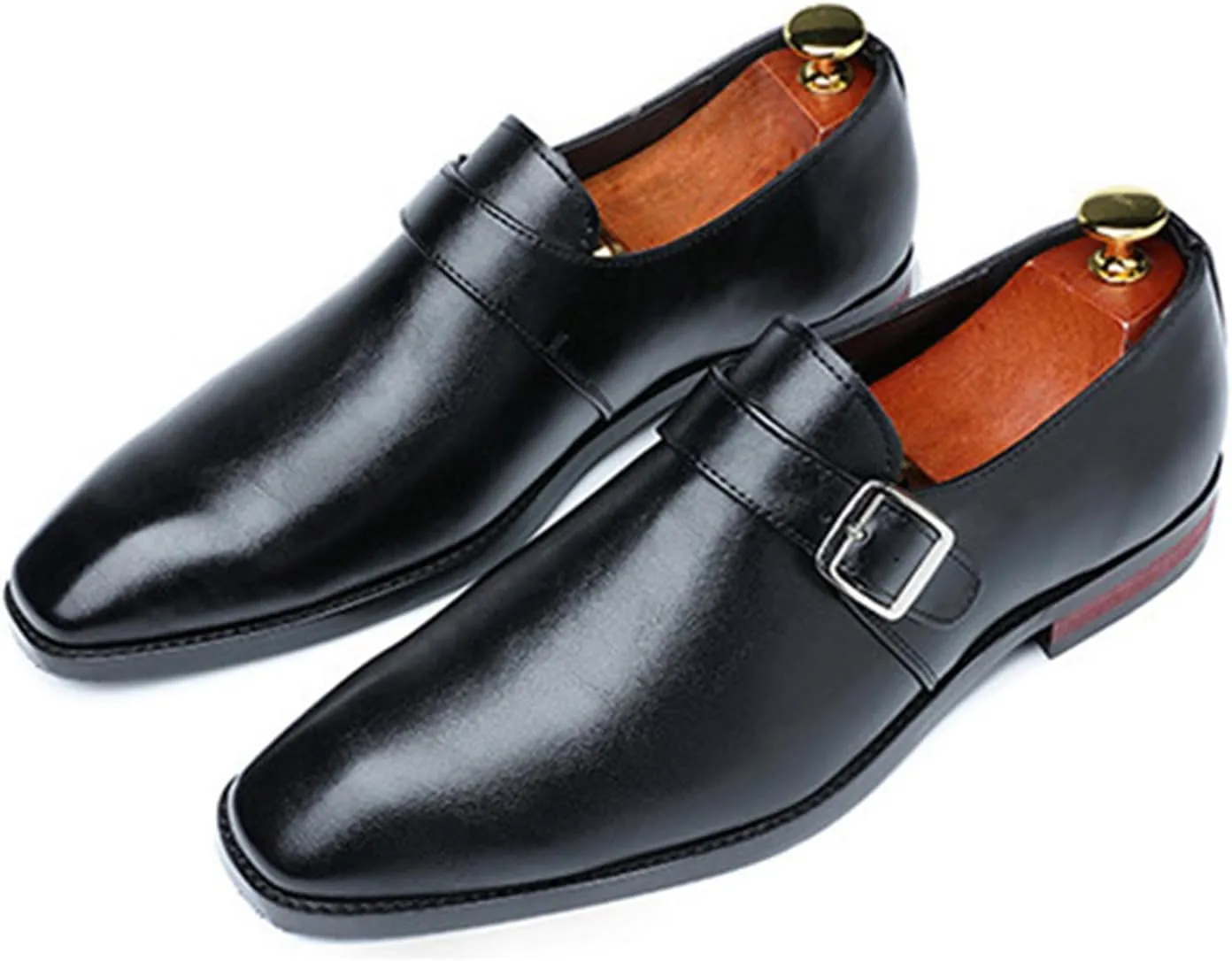 Men's Leather Monk Strap Loafers Fashion Classic Pointed Toe Slip On Low Top Chelsea Formal Business Dress Oxford Shoes