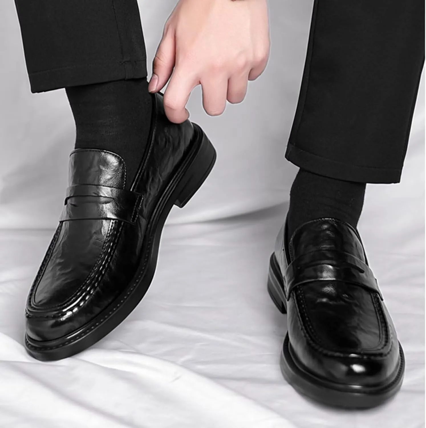 Men's Slip on Loafers Dress Shoes Leather Lined Casual Walking Shoes Anti-Slip Elevator Business Oxfords for Traveling, Driving, Office and Work