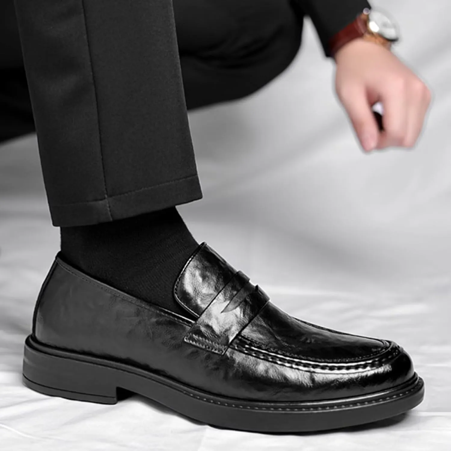 Men's Slip on Loafers Dress Shoes Leather Lined Casual Walking Shoes Anti-Slip Elevator Business Oxfords for Traveling, Driving, Office and Work