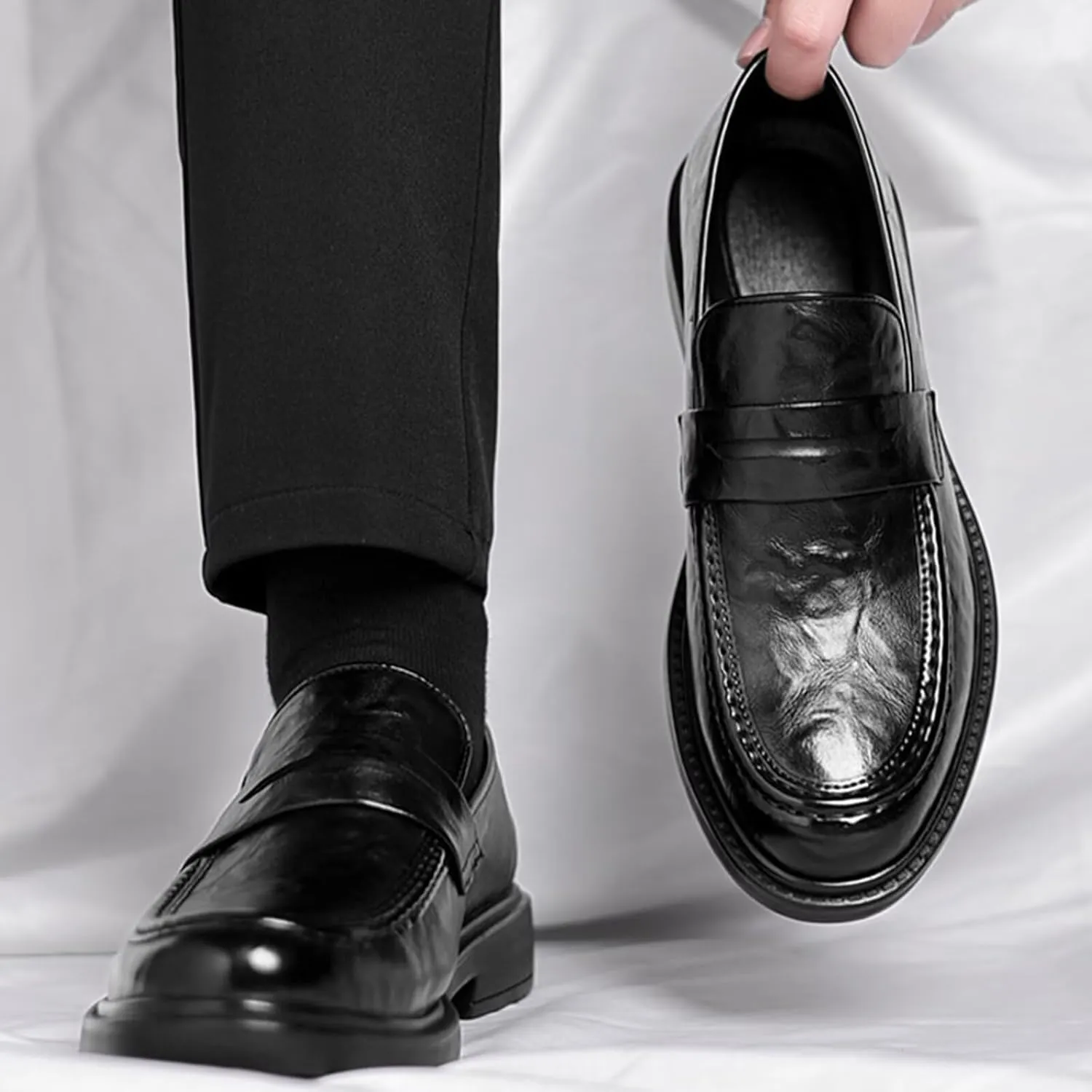 Men's Slip on Loafers Dress Shoes Leather Lined Casual Walking Shoes Anti-Slip Elevator Business Oxfords for Traveling, Driving, Office and Work