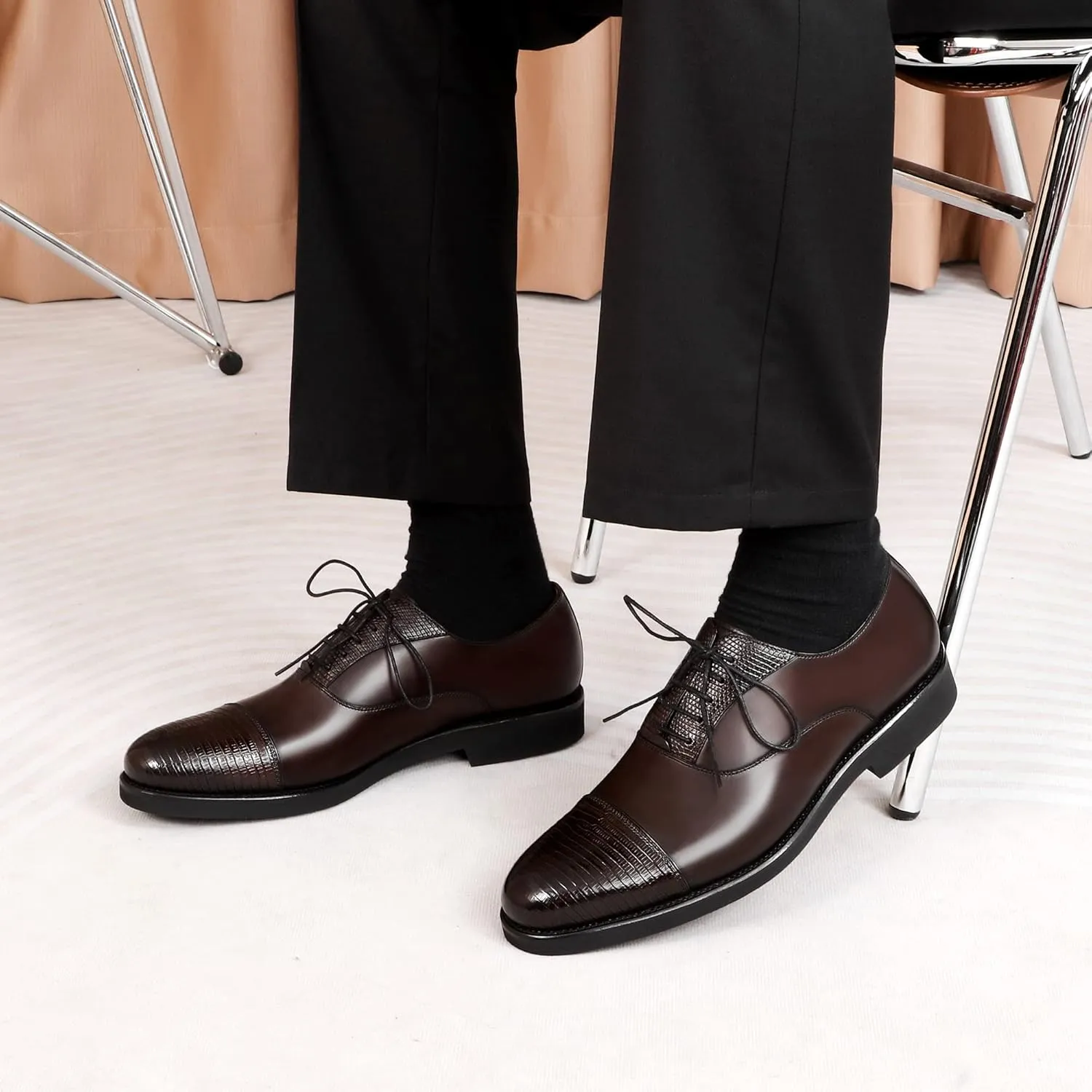 Men's Textured Patterns Oxford Shoes Genuine Leather Cowhide Derby Comfy Flat Business Shoes