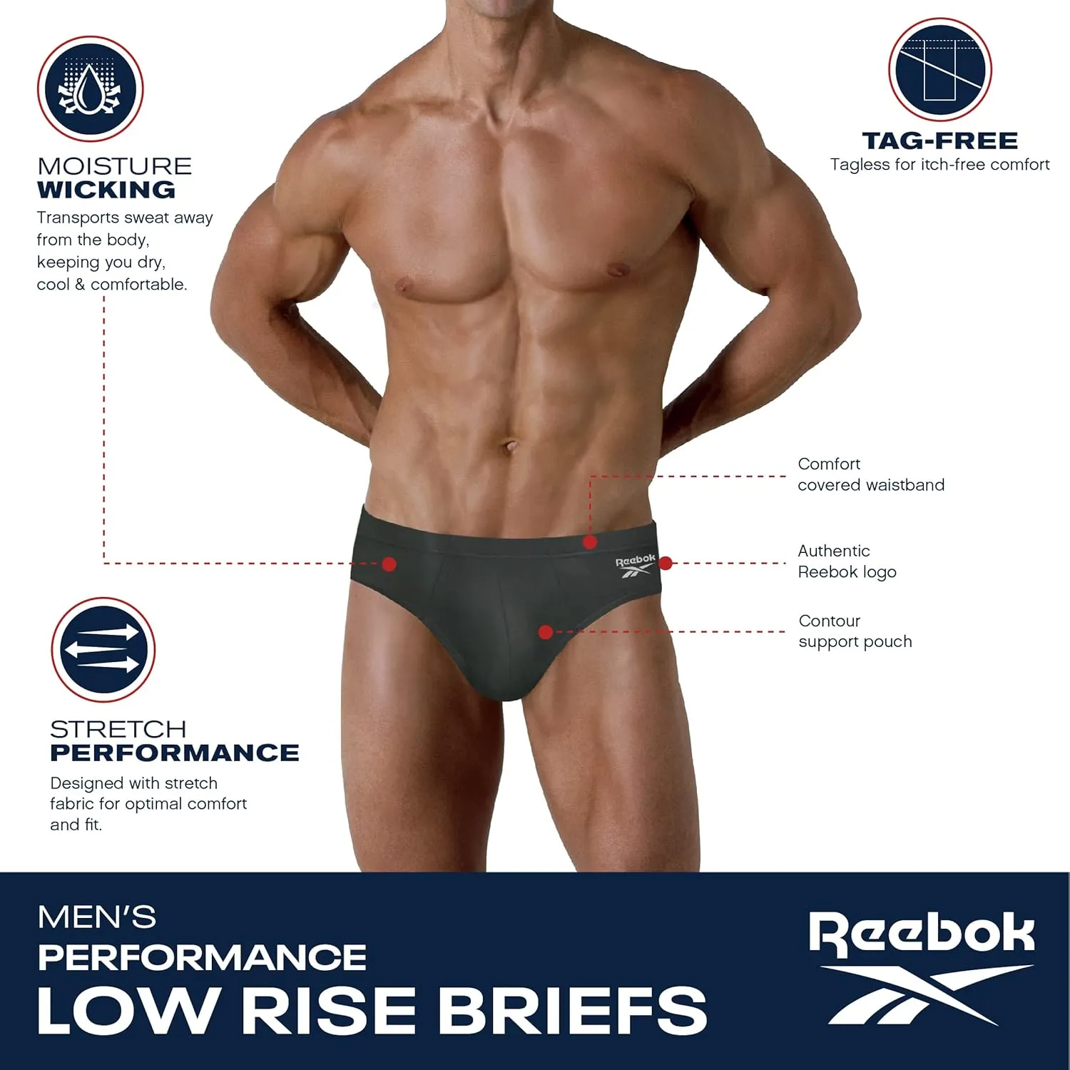 Reebok Mens Underwear Briefs - 5 Pack Quick Dry Soft Stretch Low Rise Briefs for Men - Performance Mens Athletic Underwear