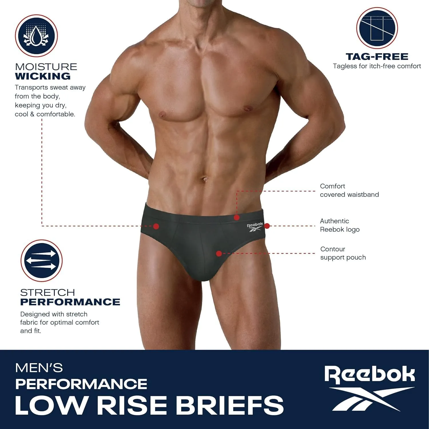 Reebok Mens Underwear Briefs - 5 Pack Quick Dry Soft Stretch Low Rise Briefs for Men - Performance Mens Athletic Underwear