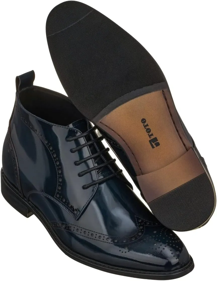 TOTO Men's Invisible Height Increasing Elevator Shoes - Dark Blue Premium Leather Lace-up Wing-Tip Dress Boots - 2.8 Inches Taller - K99603- Size 7 D(M) US