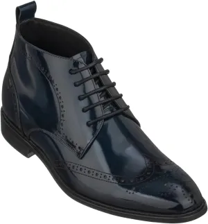TOTO Men's Invisible Height Increasing Elevator Shoes - Dark Blue Premium Leather Lace-up Wing-Tip Dress Boots - 2.8 Inches Taller - K99603- Size 7 D(M) US