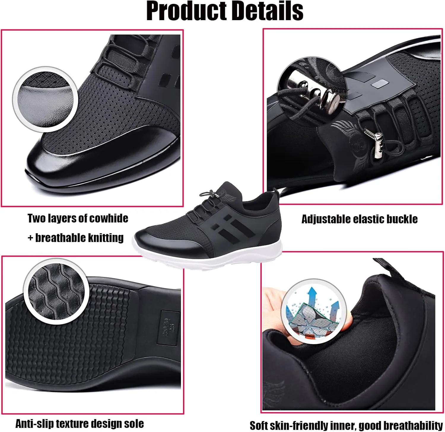WENOREG Men's Leather Breathable Knitted Invisible Height Sneakers,Fashion Breathabl Mesh Adjustable Lace Up Height Lifting Elevator Walking Running Athletic Trainers Shoes