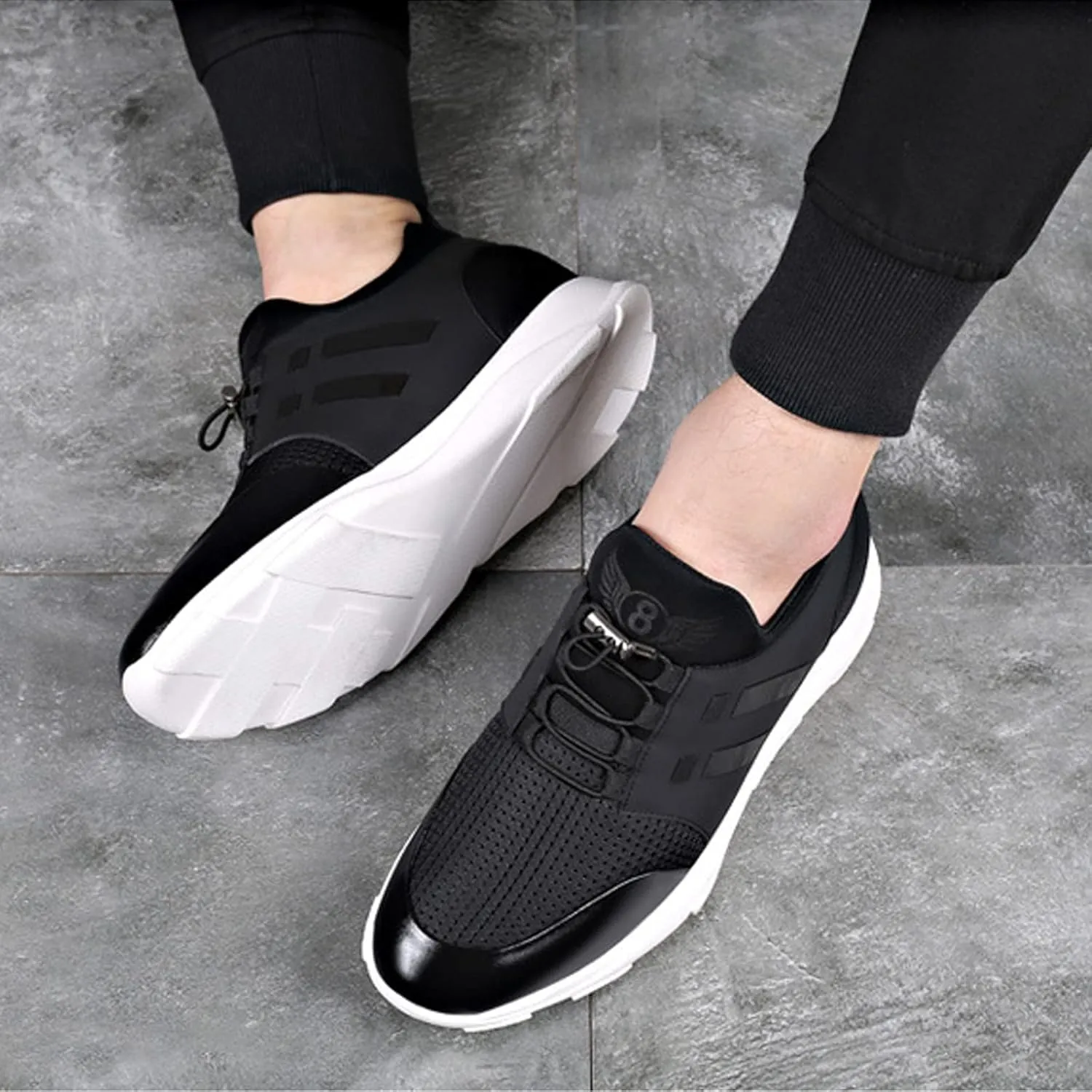 WENOREG Men's Leather Breathable Knitted Invisible Height Sneakers,Fashion Breathabl Mesh Adjustable Lace Up Height Lifting Elevator Walking Running Athletic Trainers Shoes