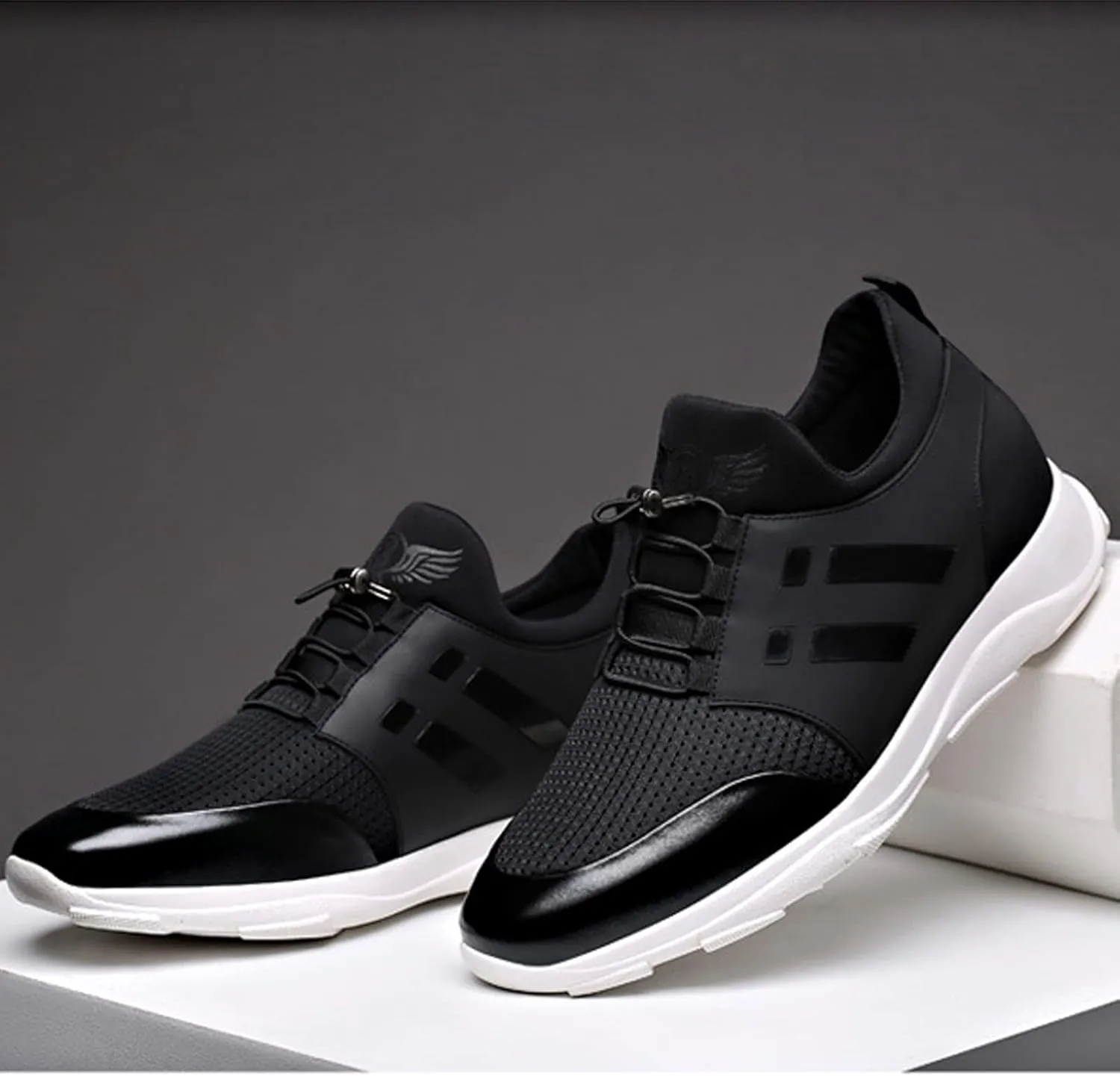 WENOREG Men's Leather Breathable Knitted Invisible Height Sneakers,Fashion Breathabl Mesh Adjustable Lace Up Height Lifting Elevator Walking Running Athletic Trainers Shoes