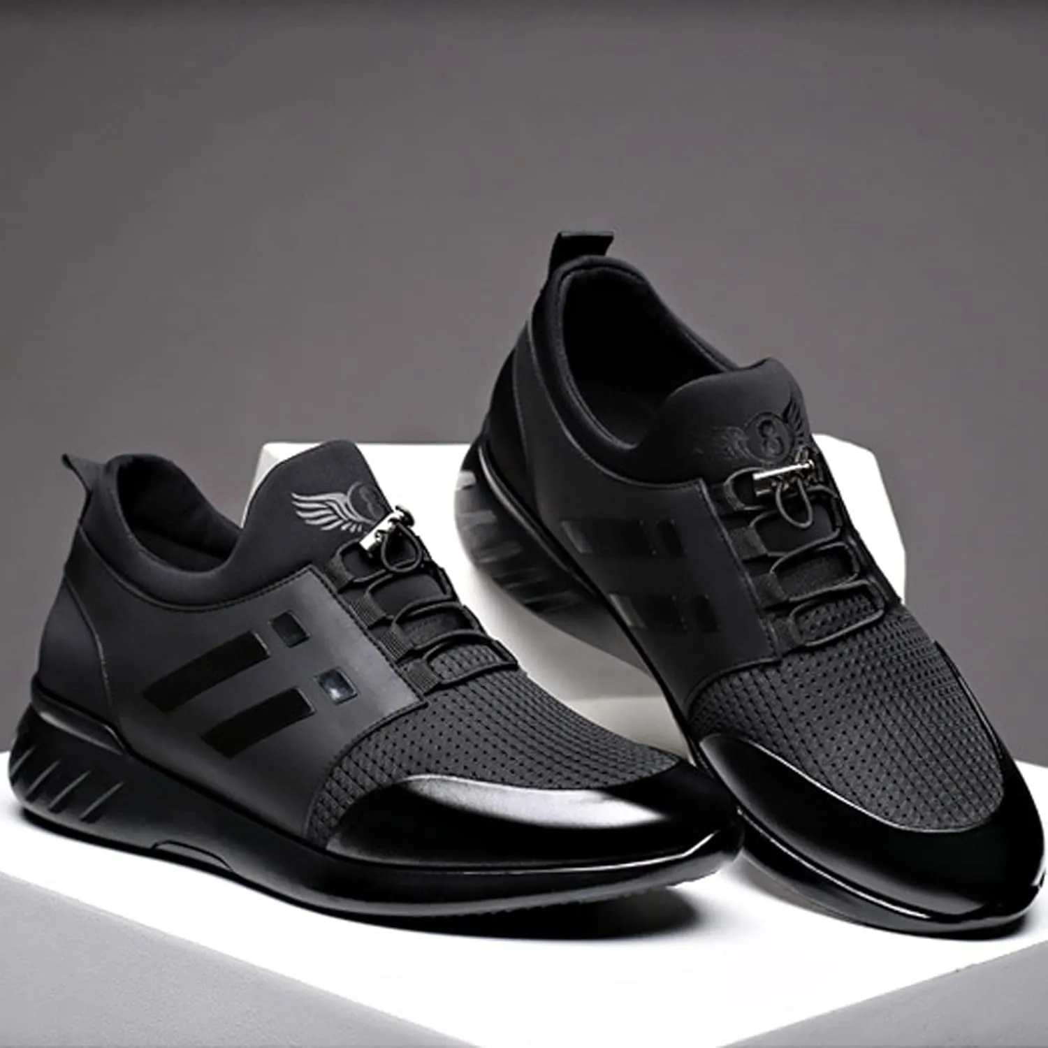 WENOREG Men's Leather Breathable Knitted Invisible Height Sneakers,Fashion Breathabl Mesh Adjustable Lace Up Height Lifting Elevator Walking Running Athletic Trainers Shoes