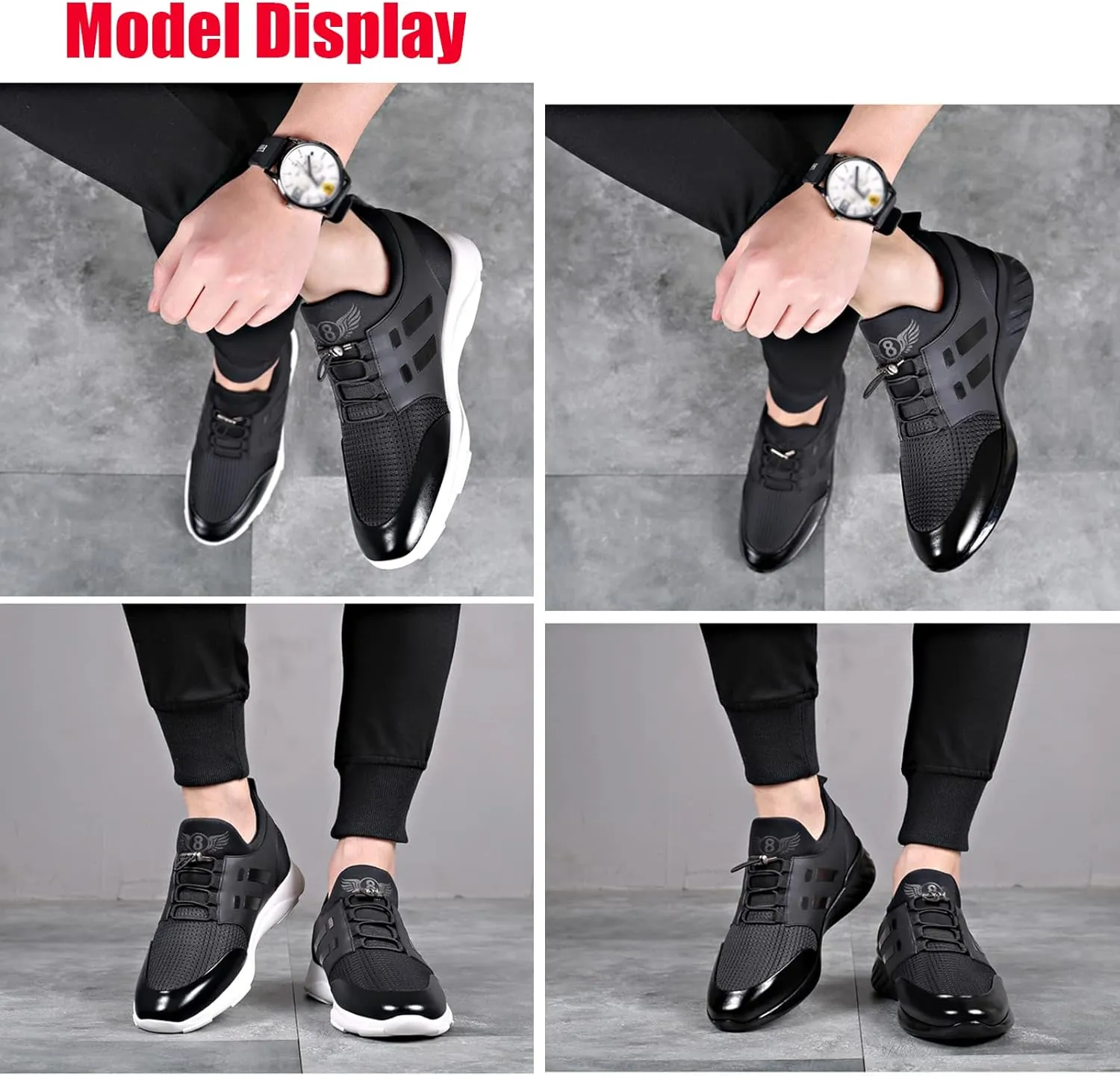 WENOREG Men's Leather Breathable Knitted Invisible Height Sneakers,Fashion Breathabl Mesh Adjustable Lace Up Height Lifting Elevator Walking Running Athletic Trainers Shoes