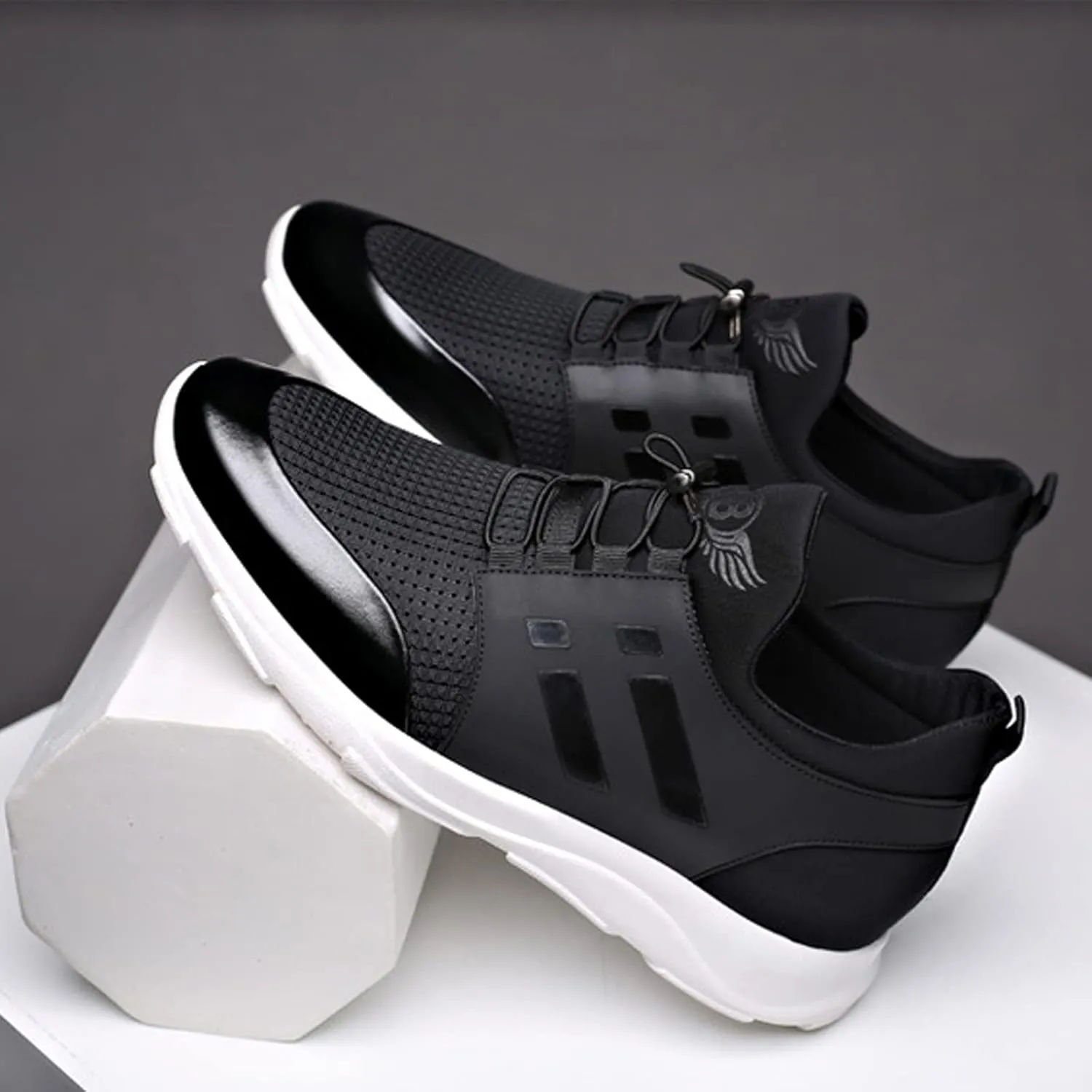 WENOREG Men's Leather Breathable Knitted Invisible Height Sneakers,Fashion Breathabl Mesh Adjustable Lace Up Height Lifting Elevator Walking Running Athletic Trainers Shoes