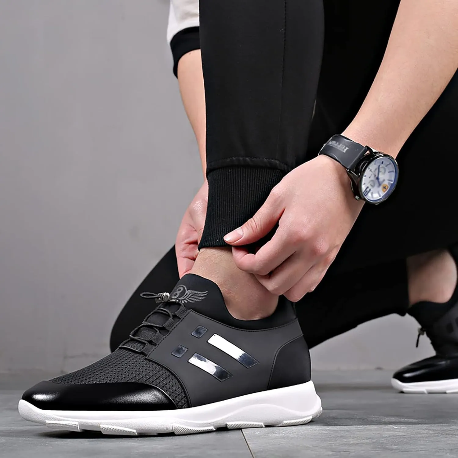 WENOREG Men's Leather Breathable Knitted Invisible Height Sneakers,Fashion Breathabl Mesh Adjustable Lace Up Height Lifting Elevator Walking Running Athletic Trainers Shoes