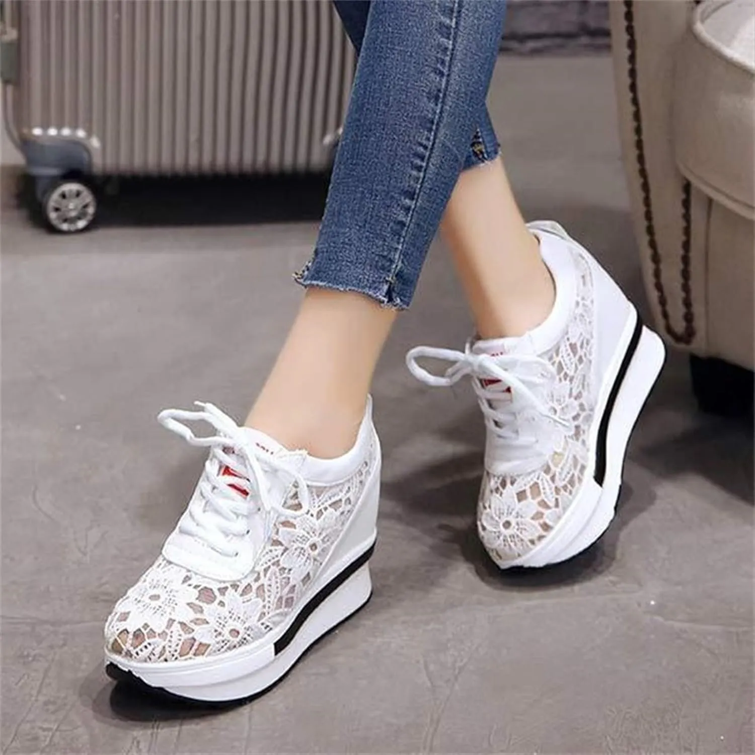 Women Fashion Platform Sneakers High Hidden Heel Wedge Walking Shoes Brides Wedding Shoes Women's Fashion Sneakers High Chunky Heel Loafers Platform Hidden Heels for Women with Ankle Walking Shoes