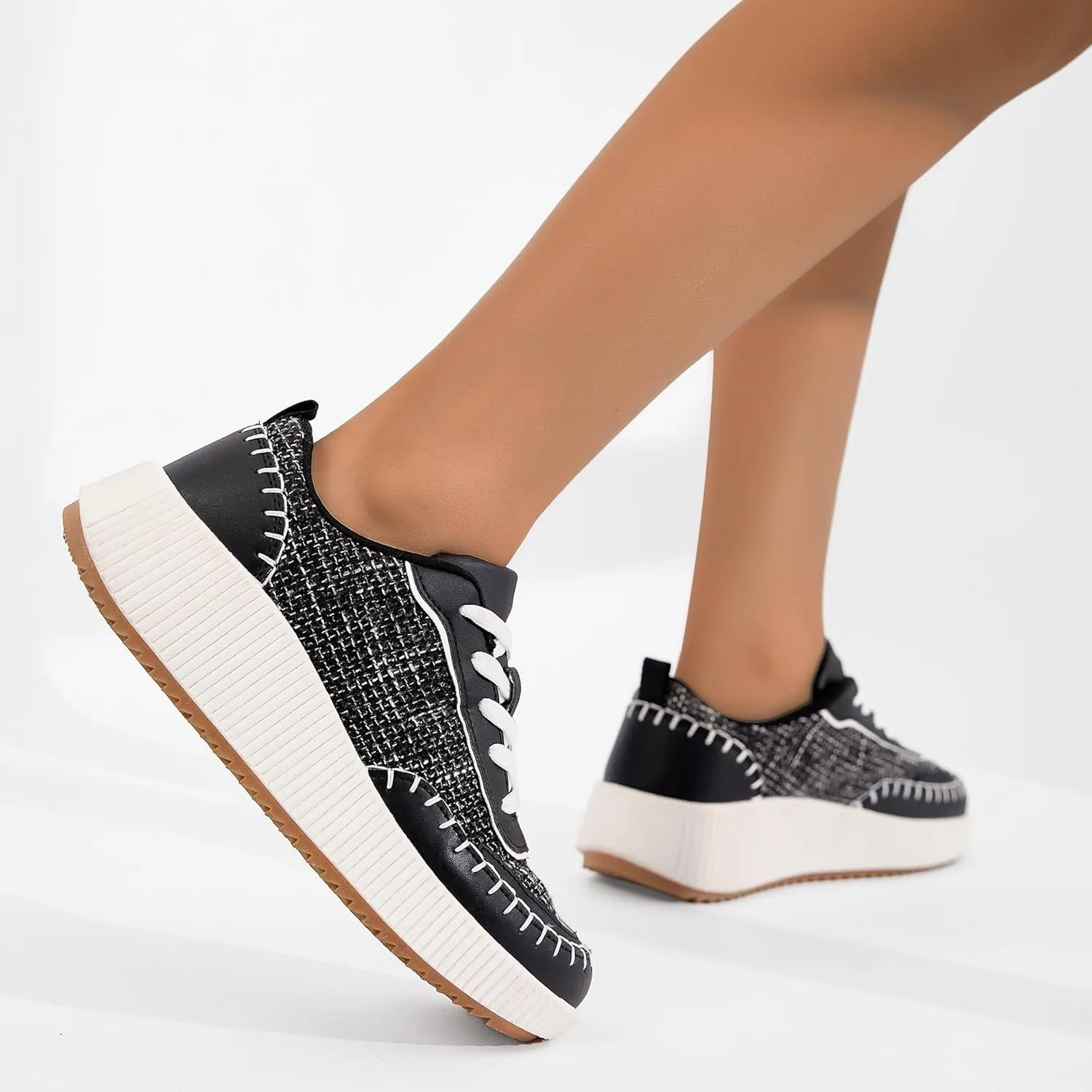 Women's Platform Sneakers Low Top Chunky Retro Braided Walking Shoes Comfortable Lace Up Casual Shoes