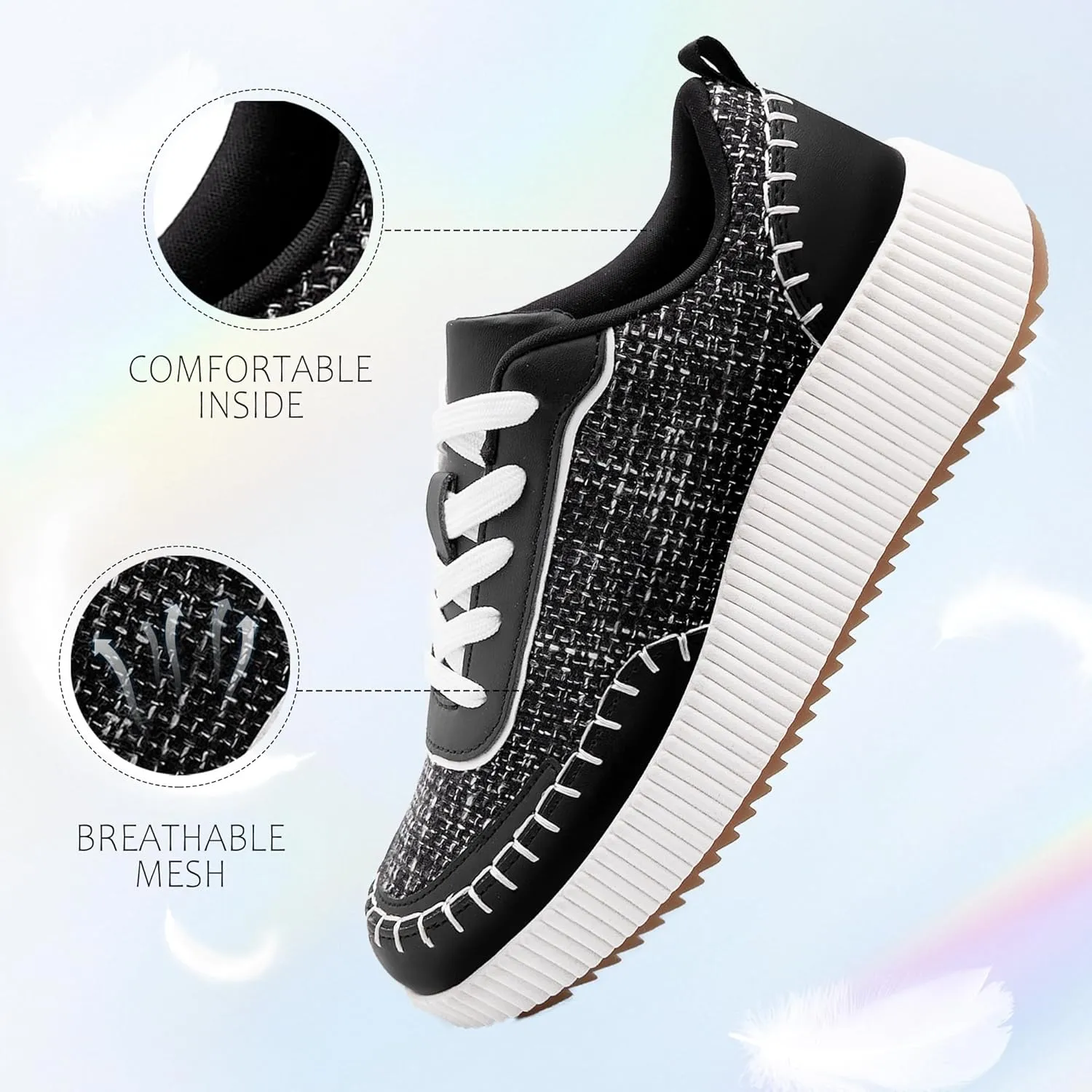 Women's Platform Sneakers Low Top Chunky Retro Braided Walking Shoes Comfortable Lace Up Casual Shoes